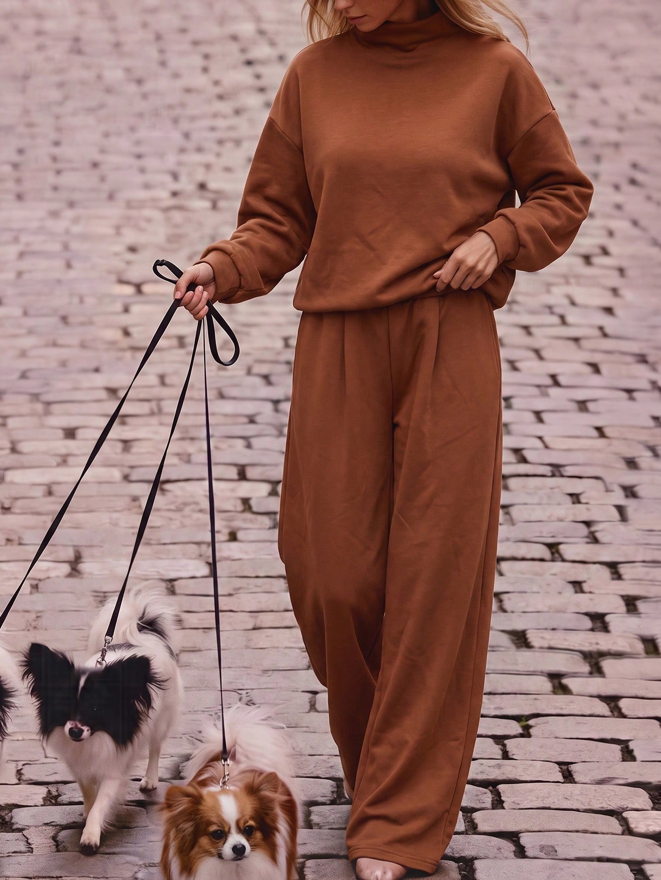 Women's 2-Piece Oversized High-Neck Sweatshirt and Wide-Leg Pants Lounge Set - Brown