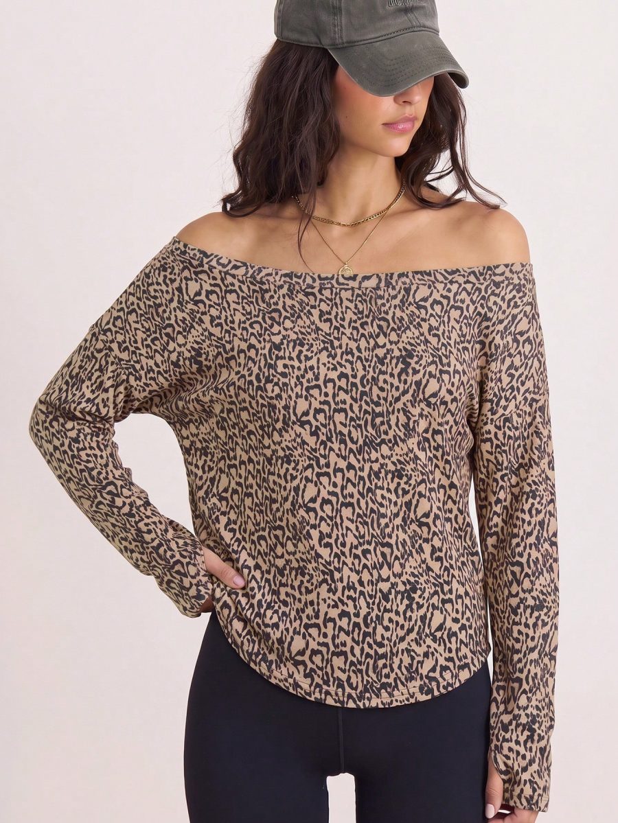 Leopard-Print One-Shoulder Long-Sleeve Yoga Top with Thumbholes and Curved Hem - Brown