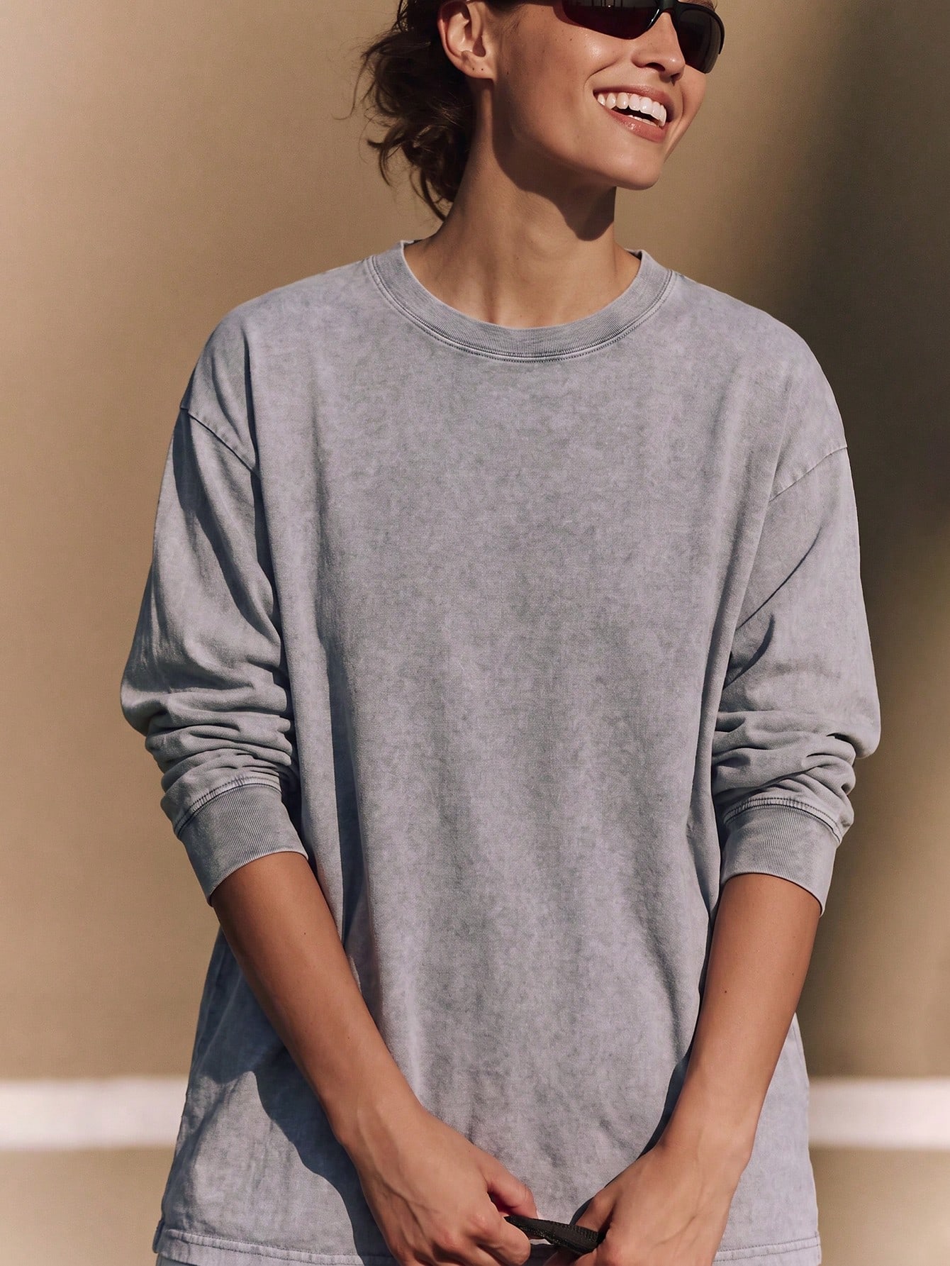 Women's Relaxed Washed Vintage Off-Shoulder Long-Sleeve T-Shirt, 100% Cotton - Blue and White