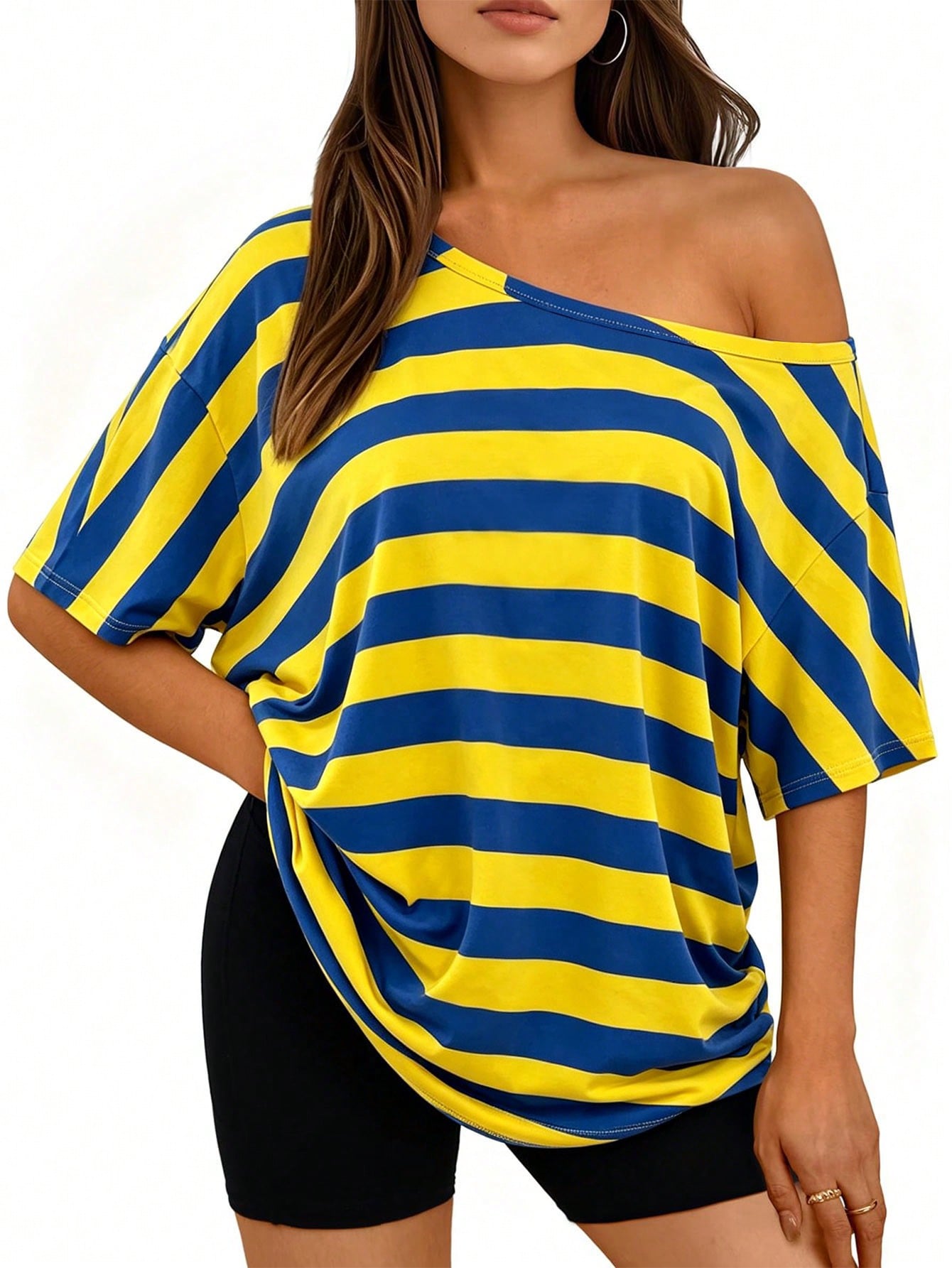 Relaxed One-Shoulder Workout T-Shirt with Bold Horizontal Stripes - Multicolor