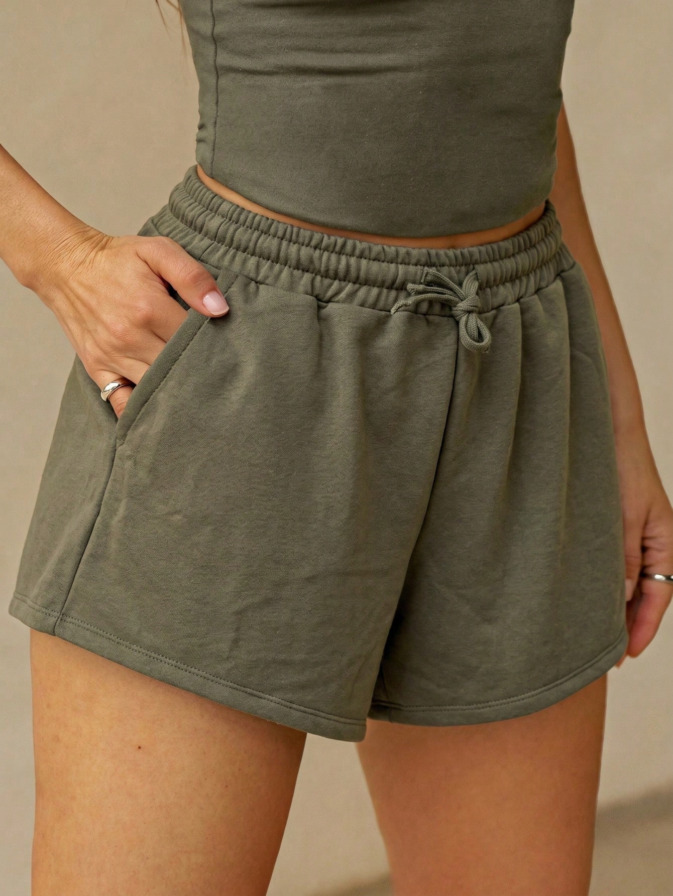 Knit Workout Shorts with Drawstring Waist and Slant Pockets - Olive Green